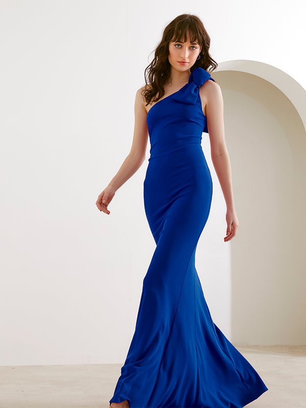 Midnight blue one shoulder gown with attached dupatta – Sanya Gulati